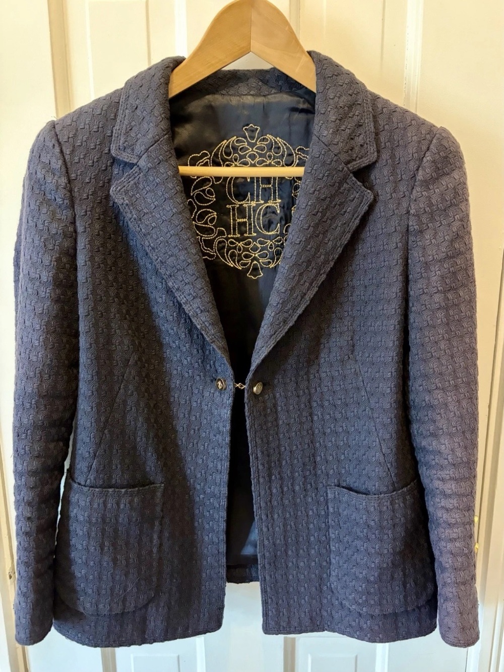 Carolina Herrera Navy Tweed Blazer, Gold Button, Pockets, Size 10